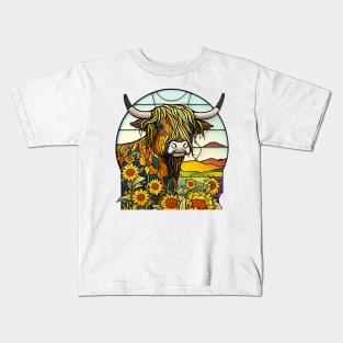 Sunflower Stained Glass Highland Cow #10 Kids T-Shirt